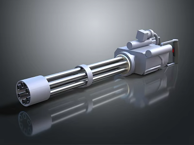 Gatling Gun Weapon Design Silver Metallic Multiple Barrels 3D Rendered Reflective Surface Dark Background 3d model