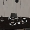 Dark Wood Oval Dining Table Set With Six Grey Chairs White Plates And Pendant Lights