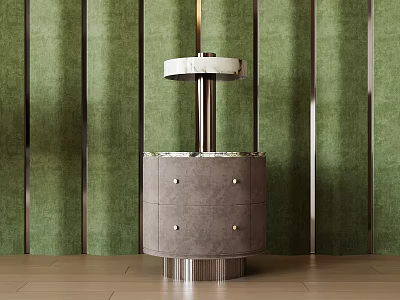 Gray Circular Bedside Table With Drawers Against Green Wall And Metal Strips 3d model