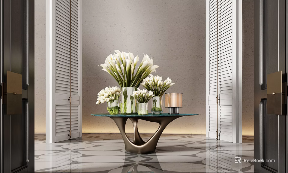 White Lilies in Various Vases on Modern Table With White Louvered Doors and Patterned Floor 3d model 