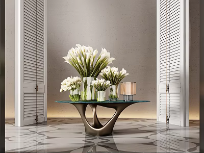 White Lilies in Various Vases on Modern Table With White Louvered Doors and Patterned Floor 3d model