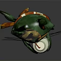 Green cat wearing colorful scarf holding white bottle with small bird on head