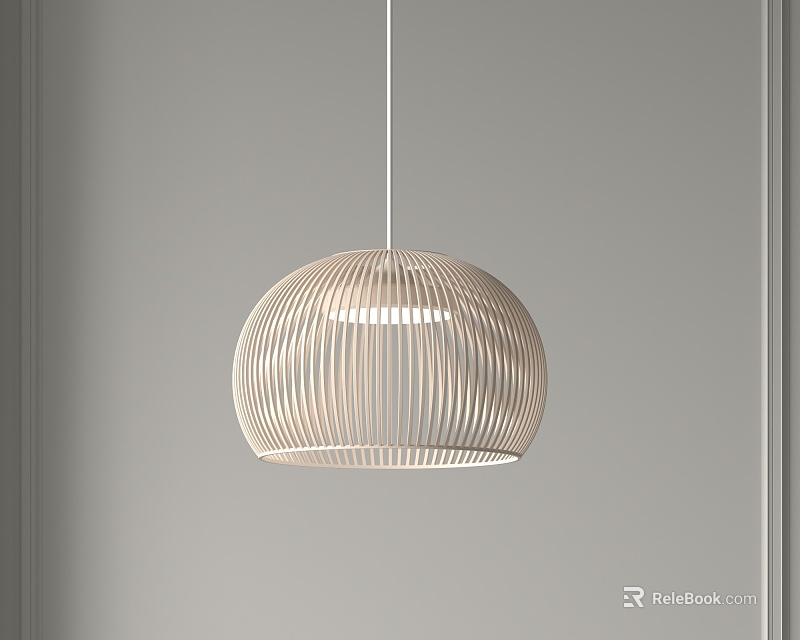 Wooden Striped Spherical Pendant Light Hanging Against Neutral Gray Wall 3d model 