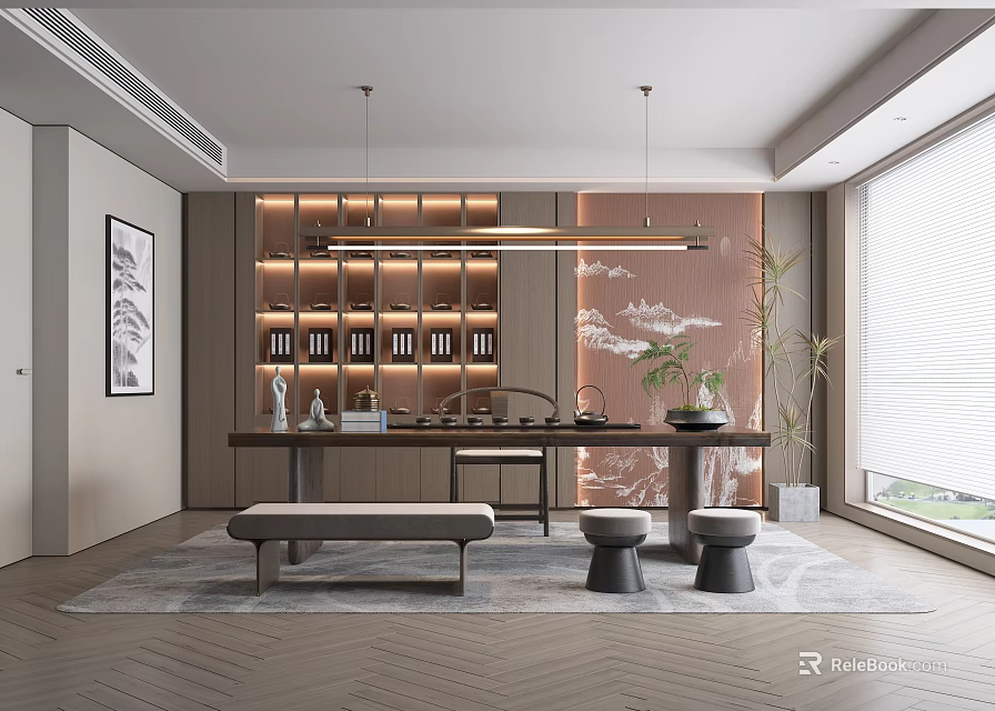 Modern Tea Room Interior With Lit Bookshelves Wooden Table Decorative Painting And Window View 3d model 