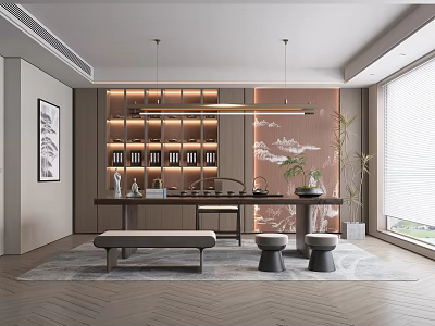 Modern Tea Room Interior With Lit Bookshelves Wooden Table Decorative Painting And Window View 3d model
