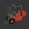 Red Toy Forklift Model With Blue Seat And Metal Forks On Gray Surface