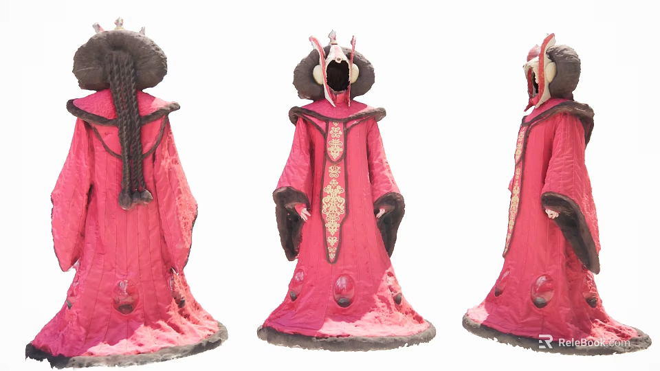 Traditional Clothing Store Showcasing Elegant Red Robes with Fur Trim Details 3d model 