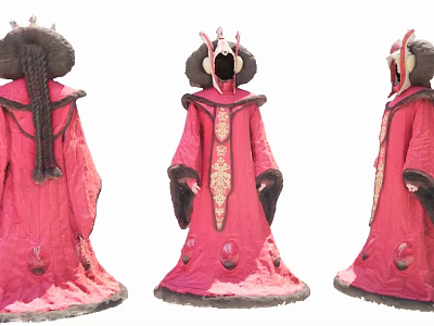 Traditional Clothing Store Showcasing Elegant Red Robes with Fur Trim Details 3d model