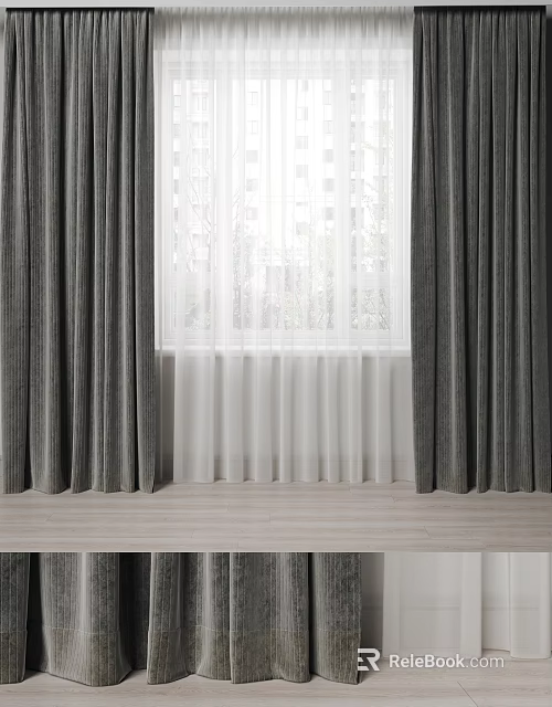 Gray Window Curtains With White Sheer Drapes For Home Interior Design 3d model 