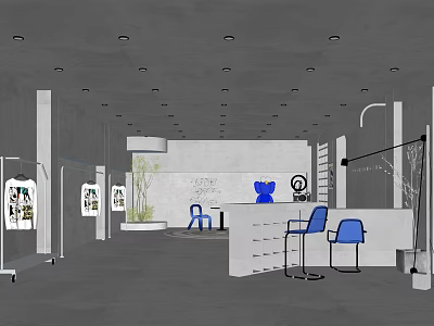 Modern Clothing Store Interior With Display Racks Blue Seating And Counter 3d model