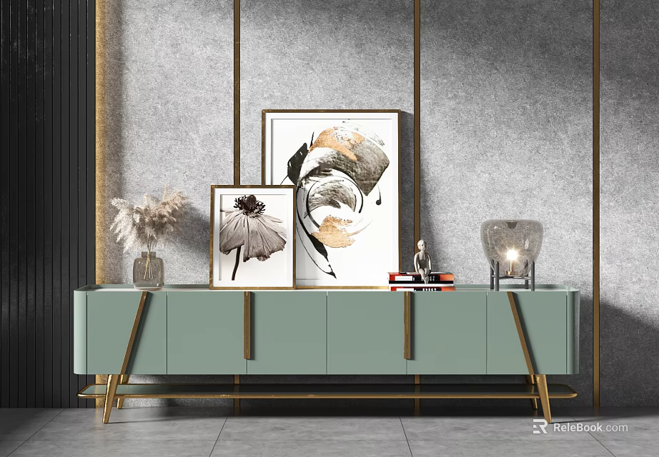 Modern Green TV Stand With Golden Accents And Decorative Art Vase Lamp 3d model 