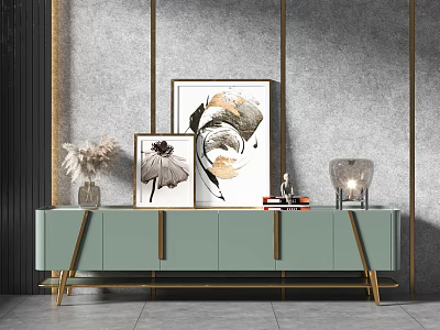 Modern Green TV Stand With Golden Accents And Decorative Art Vase Lamp 3d model