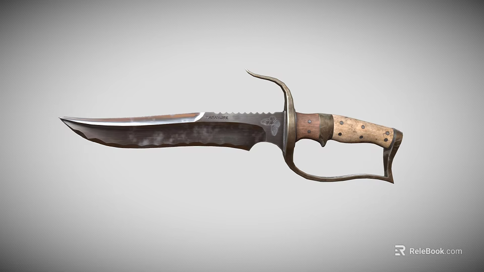 Rustic Serrated Blade Knife Featuring Wooden Handle And Curved Metal Hand Guard 3d model 