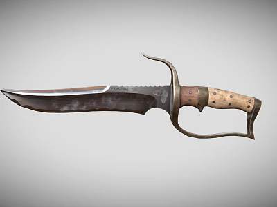 Rustic Serrated Blade Knife Featuring Wooden Handle And Curved Metal Hand Guard 3d model