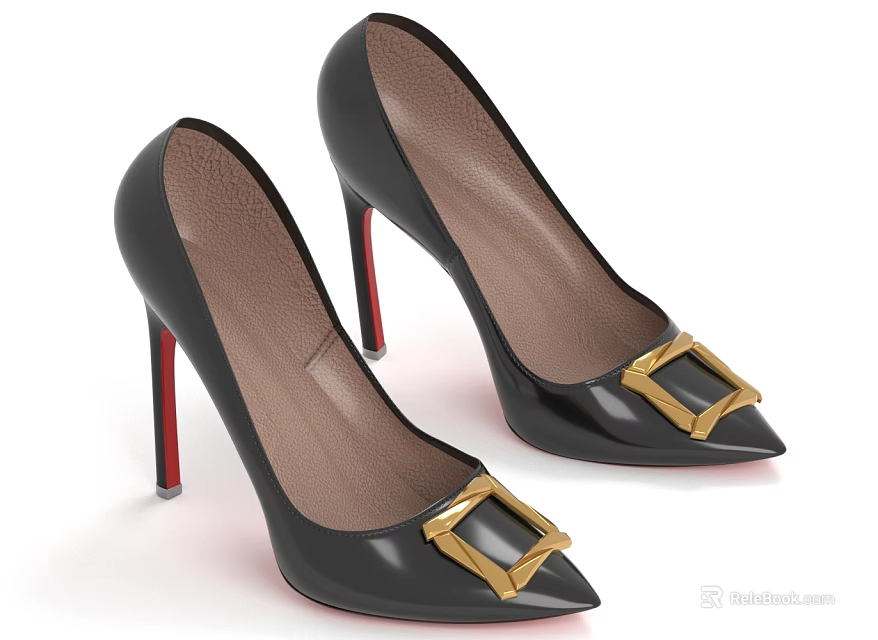 Sleek Black Pointed Toe High Heels With Gold Square Buckle And Red Heels 3d model 