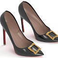 Sleek Black Pointed Toe High Heels With Gold Square Buckle And Red Heels