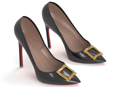 Sleek Black Pointed Toe High Heels With Gold Square Buckle And Red Heels 3d model
