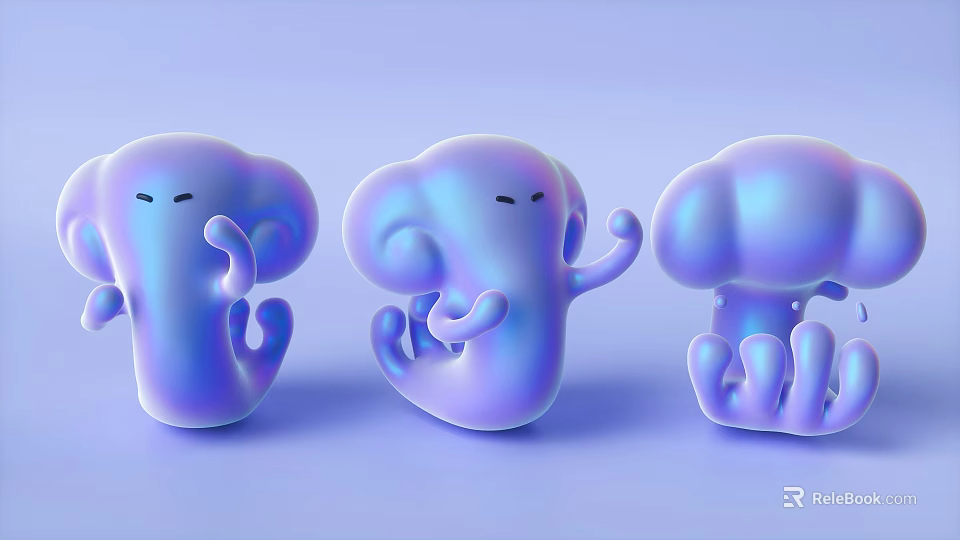 Cute Iridescent Blue Purple Dolls With Smiling Faces And Different Gestures On Soft Background 3d model 