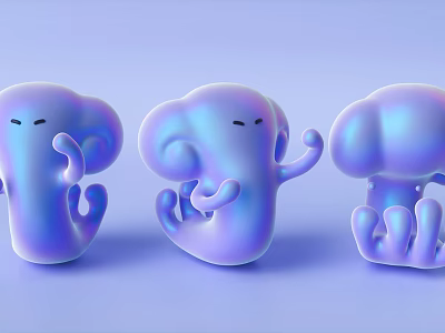 Cute Iridescent Blue Purple Dolls With Smiling Faces And Different Gestures On Soft Background 3d model