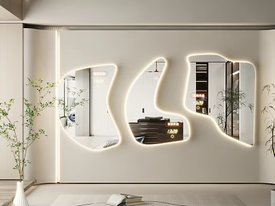 Modern Irregular Shaped Mirror With LED Lights In Minimalist Interior And Potted Plants 3d model