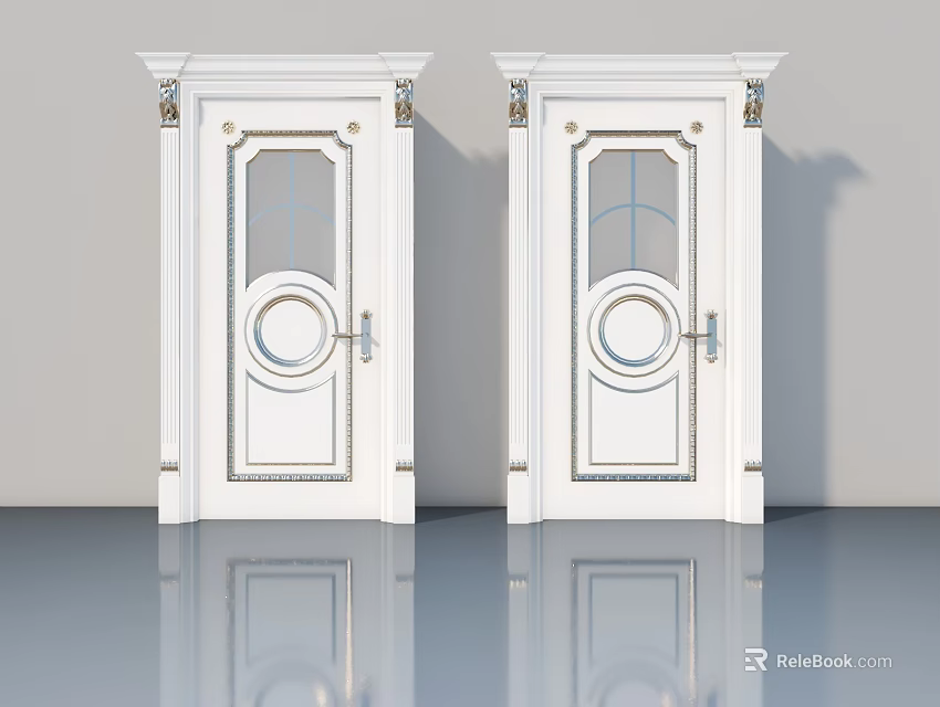 White Hinged Doors With Decorative Glass Panels And Ornate Frames Design 3d model