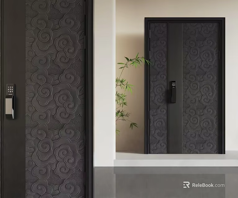 Dark Patterned Security Door with Chinese Cloud Design and Smart Lock in Modern Interior 3d model