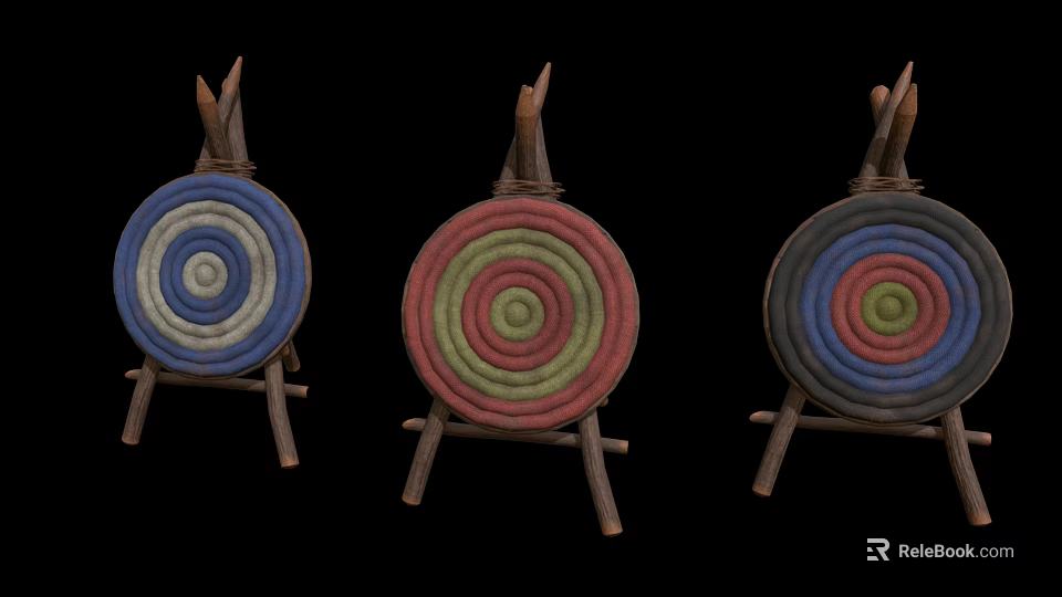 Colorful Decorative Ornament Set With Wooden Stands And Circular Spiral Woven Pieces 3d model 