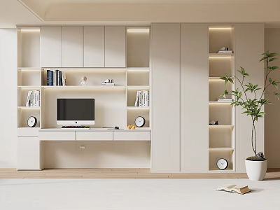 Modern Bookcase Design With LED Lighting Open Shelves And Decorative Plants 3d model