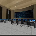 Modern Control Room Interior With Large Monitoring Screen Multiple Workstations And Office Chairs