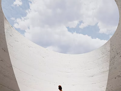 Woman Standing Under Large White Circular Architectural Structure With Blue Sky And Clouds 3d model