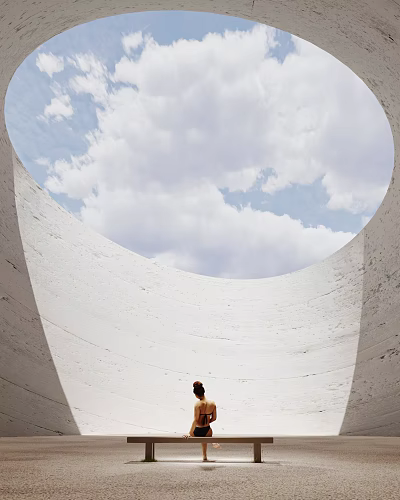 Woman Standing Under Large White Circular Architectural Structure With Blue Sky And Clouds 3d model