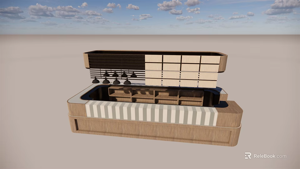 Modern Bar Counter Design With Wooden Structure Striped Seating And Hanging Lights 3d model 