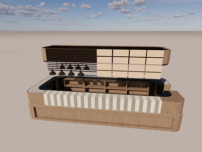 Modern Bar Counter Design With Wooden Structure Striped Seating And Hanging Lights 3d model