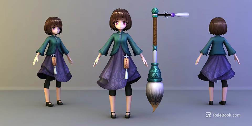 Anime Game Movie Character With Green Top Purple Skirt And Large Brush Prop 3d model 