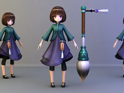 Anime Game Movie Character With Green Top Purple Skirt And Large Brush Prop 3d model