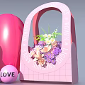 Woman In Pink Coat Near Large LOVE Heart Flower Arch And LOVE Ball