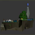 Floating Island Scenery With Green Tree Pond Blue Torch And Stone Steps