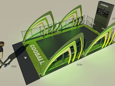 Outdoor Sports Equipment Featuring Green Curved Structures Fencing And Grass Court Surface 3d model