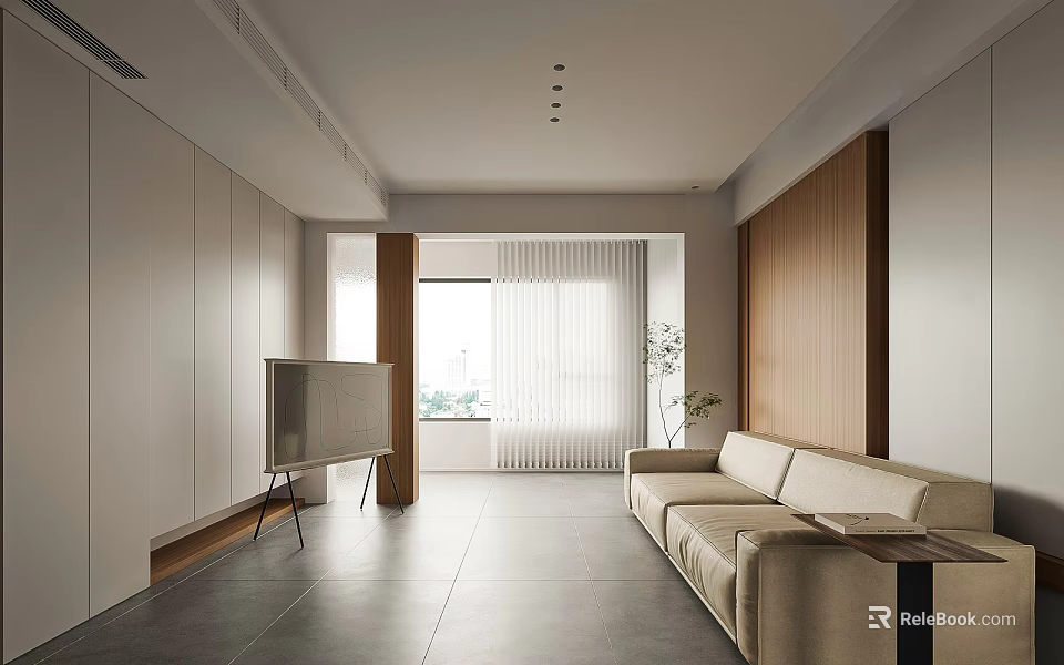 Modern Dining Living Room Interior With Beige Sofa Wooden Wall Large Window And Light Floor 3d model 