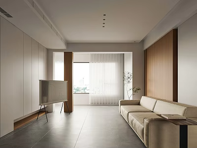 Modern Dining Living Room Interior With Beige Sofa Wooden Wall Large Window And Light Floor 3d model