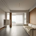 Modern Dining Living Room Interior With Beige Sofa Wooden Wall Large Window And Light Floor