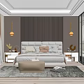Modern Bedroom Interior Design With Gray Headboard Wall LED Strip Lights Multiple Pillows And Ottoman