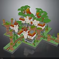 Ancient Castle Scene With Red Roofs White Buildings Towers And Green Trees