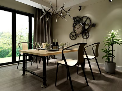 Modern Minimalist Dining Table Set With Wooden Top Black Metal Legs And Four Chairs 3d model