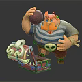 Pirate Game Character With Red Beard Yellow Hat Holding Cannonball And Open Treasure Chest