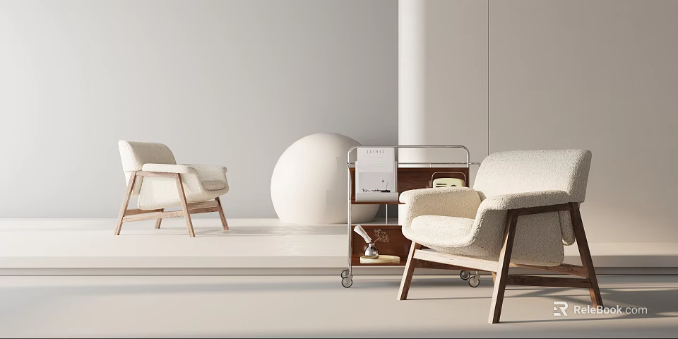 Modern Lounge Chairs With Wooden Frames Cream Fabric And Round White Decor In Minimalist Interior 3d model 