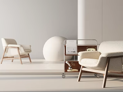 Modern Lounge Chairs With Wooden Frames Cream Fabric And Round White Decor In Minimalist Interior 3d model