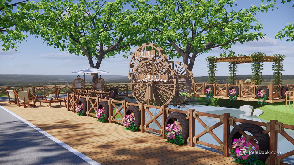 Rural Countryside Landscape Featuring Wooden Watermill Trees And Flower Decorated Fence Area 3d model 