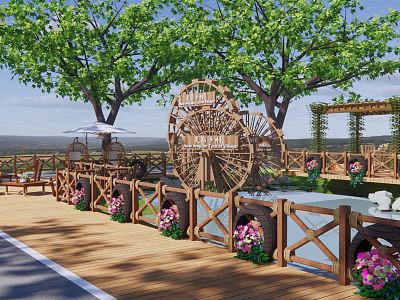 Modern Park Village Entrance Landscape Beautiful Rural Waterwheel Landscape Outdoor Umbrella Seat Ecological Railing Rattan Corridor Cultural Node model