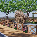 Rural Countryside Landscape Featuring Wooden Watermill Trees And Flower Decorated Fence Area